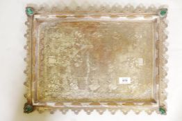 A Indian silver plated tray. Engraved with figures riding turtles and a fish. The corners are