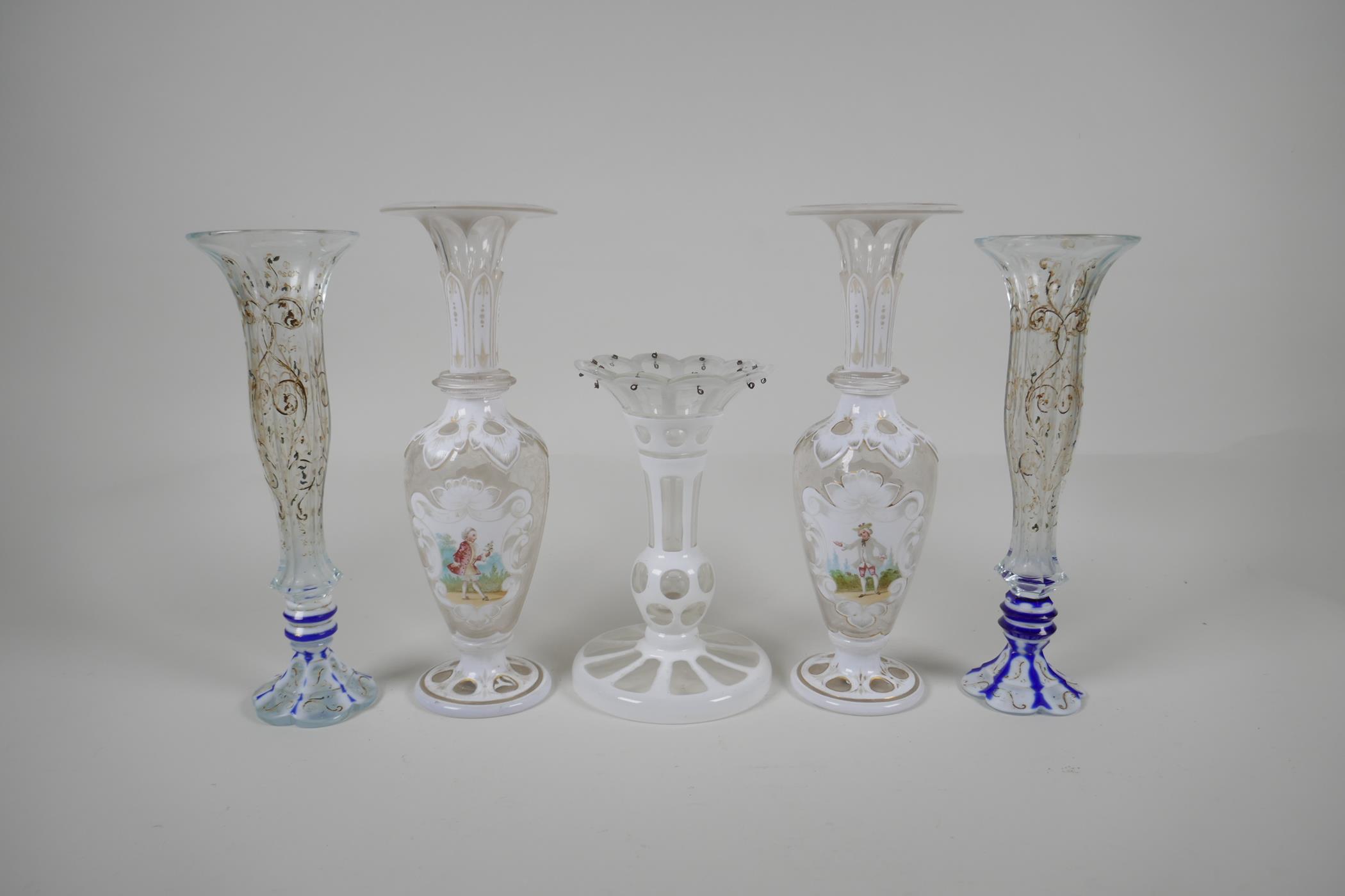 A pair of Bohemian overlaid glass vases with enamel & cut glass decoration, together with a