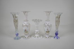 A pair of Bohemian overlaid glass vases with enamel & cut glass decoration, together with a