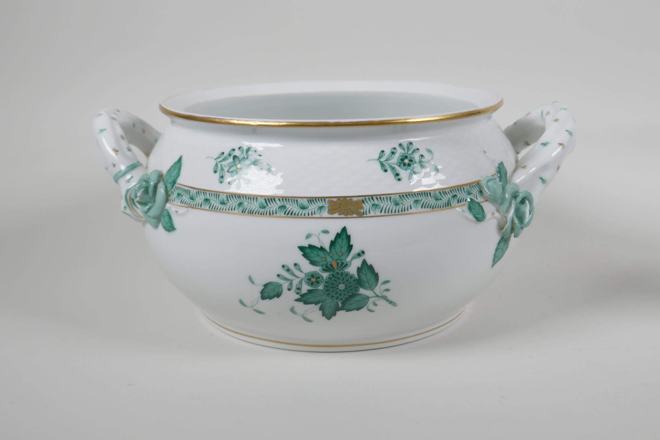 A Herend porcelain, with green Chinese bouquet pattern, two handled pot. And milk jug. AF. Largest - Image 3 of 10