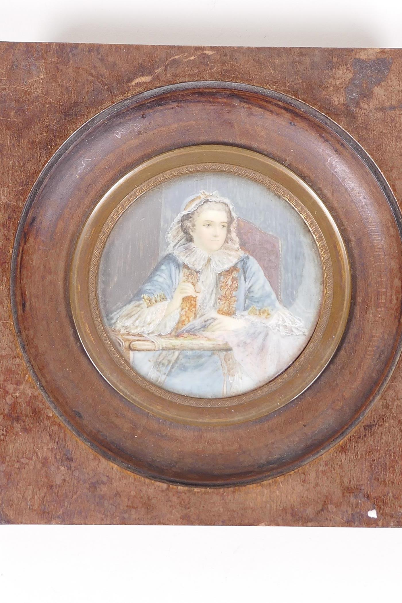 A C19th miniature portrait of a lace maker in elaborate dress, 2½" diameter - Image 2 of 3