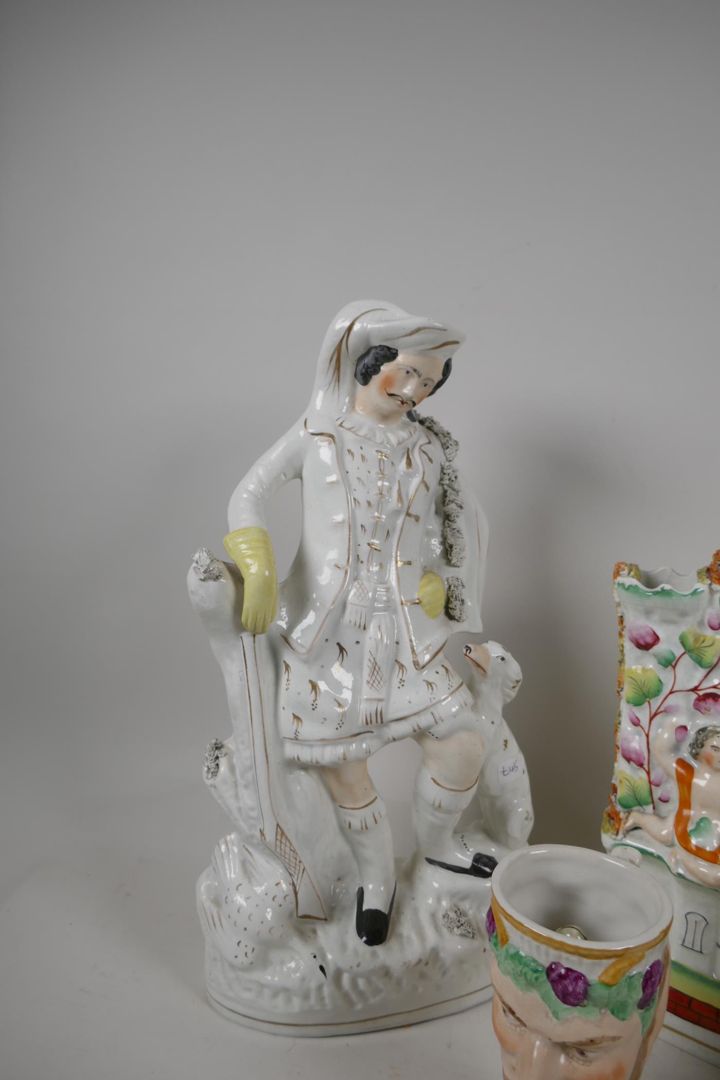 A 19th C Staffordshire flat back clock piece (11" high), together with a figurine of a Hunter and - Image 5 of 5