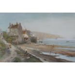 After Charles Frederick Allbon, overpainted print of a coastal town at low tide, 11" x 8"