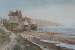 After Charles Frederick Allbon, overpainted print of a coastal town at low tide, 11" x 8"