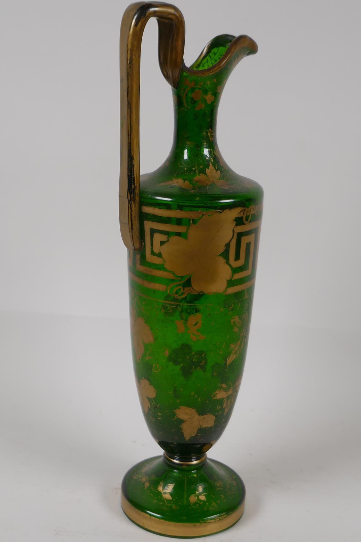 A C19th green glass wine ewer, with vine leaf and Greek key. Gilded decoration, 12¼" - Image 4 of 4