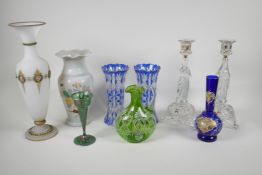 A quantity of Bohemian & other glass ware, including assorted vases, jugs & a pair of Jesus & Mary