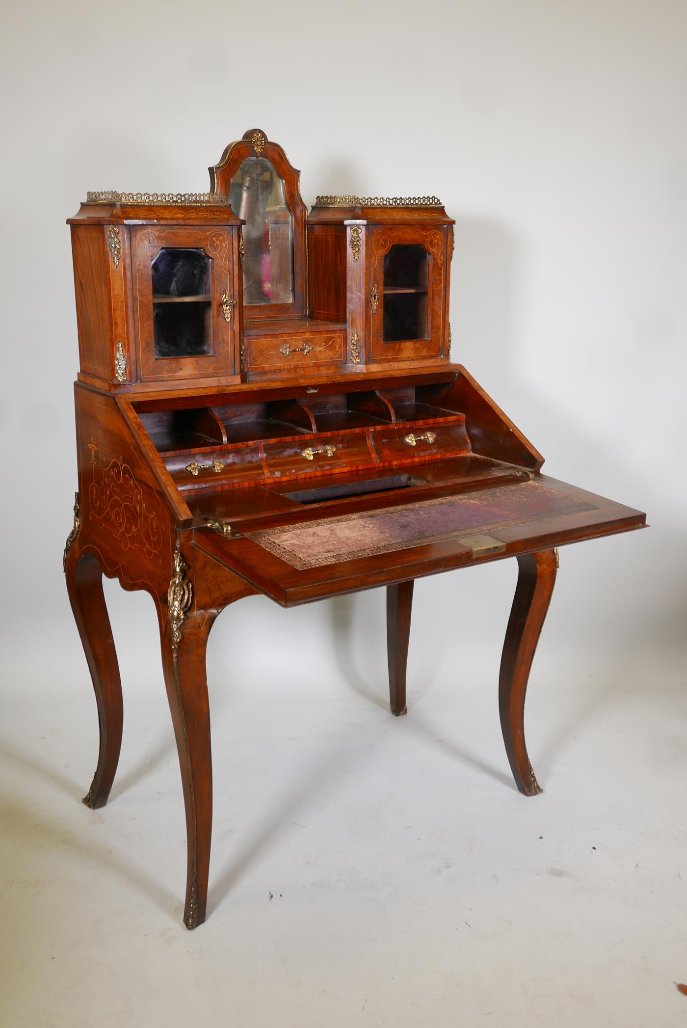 A Victorian inlaid, figured and burr walnut bonne-heure-de jour, with a brass galleried top and - Image 3 of 7