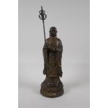 A Chinese bronze figure of Buddha on a lotus with gilt patina, 7 character mark to base, 9½" high