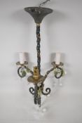 A wrought iron and crystal, 3 light electolier. 20" long