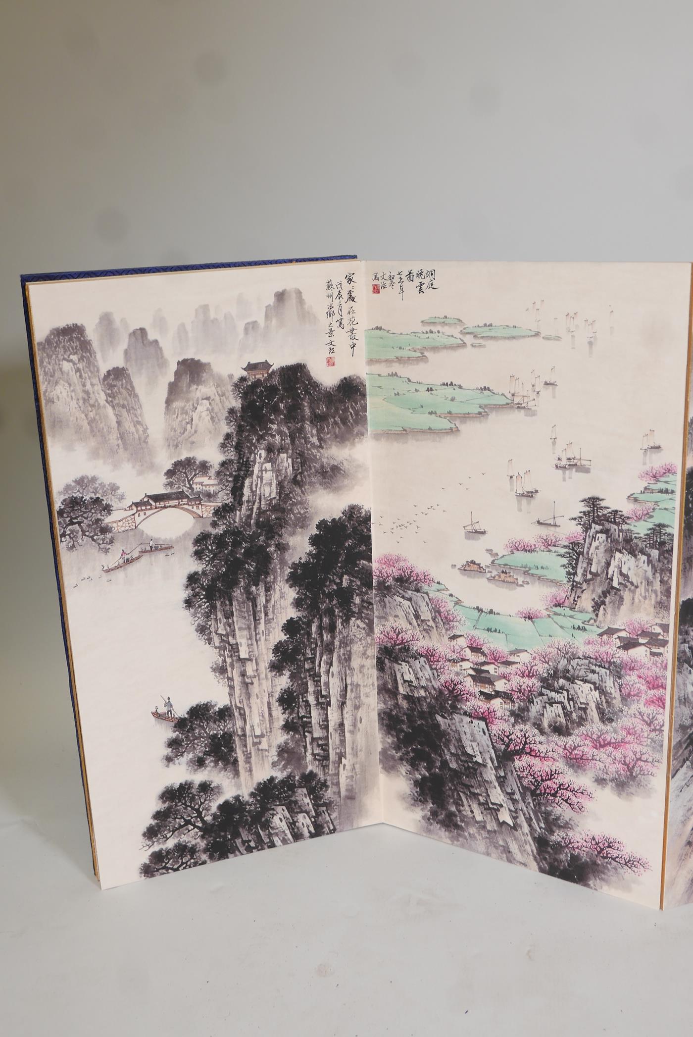 A Chinese concertina book, containing ten mountain and riverside landscapes, overpainted prints - Image 5 of 9