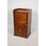 An antique mahogany side cabinet with galleried top and tambour front over a deep drawer, 19" x