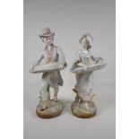A pair of Royal Dux ceramic figures carrying baskets, mark to base, 14" high