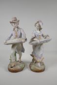 A pair of Royal Dux ceramic figures carrying baskets, mark to base, 14" high