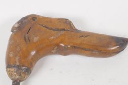 A C19th carved wood greyhounds head, stick handle. 4" long