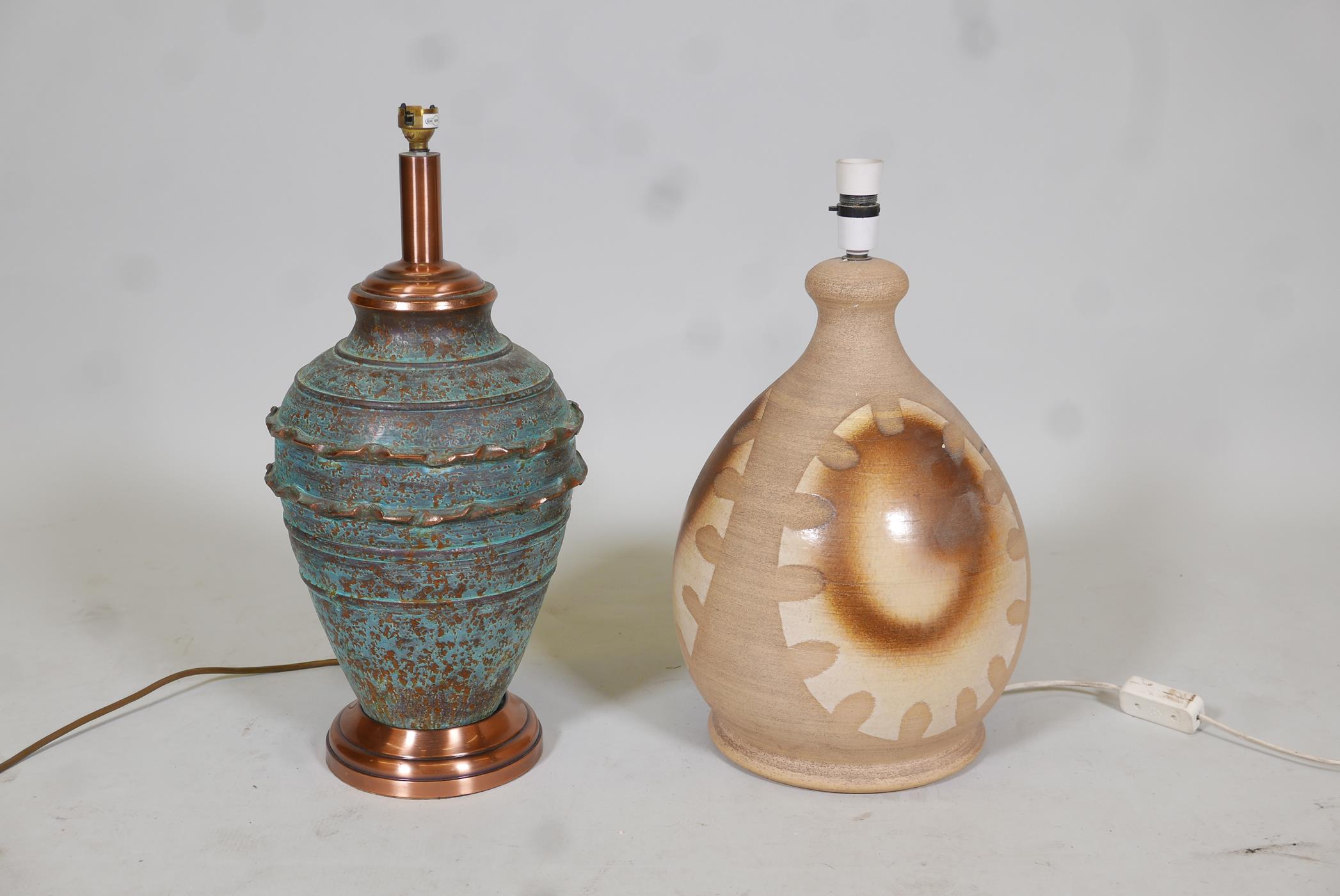 A Rye Iden pottery table lamp, 18" high, and a terracotta lamp, with bronzed glaze