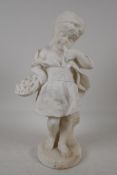 A C19th carved alabaster figurine of a young girl with a basket of flowers, 14" high