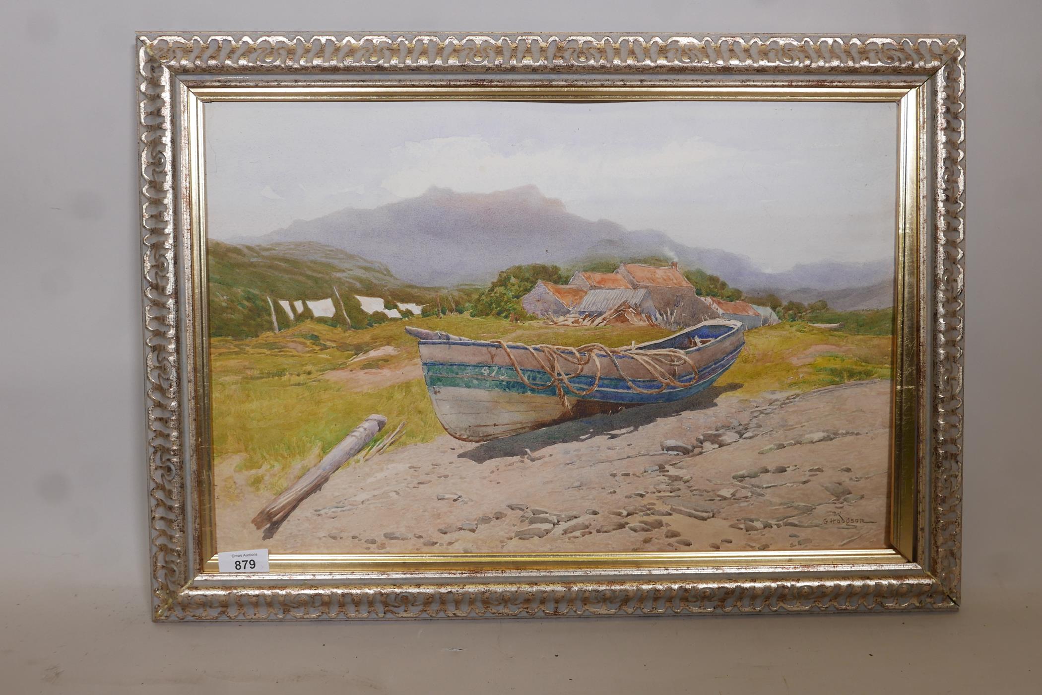 G. Hodgson, Coble at Runswick, Yorkshire, watercolour, signed and inscribed verso, 21" x 14 - Image 2 of 5