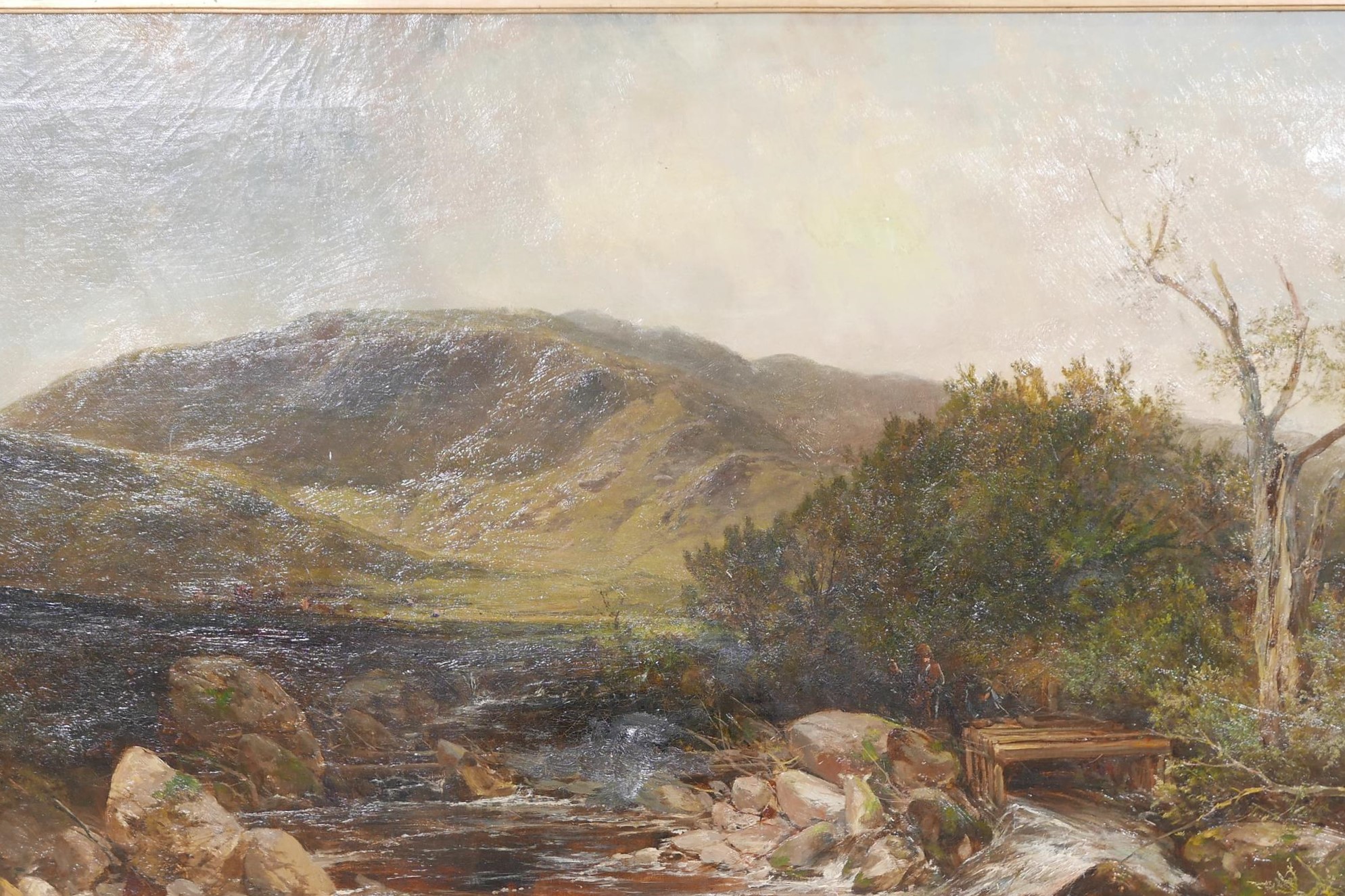 J. Adam (Scottish), Highland landscape with fishermen by a salmon trap, signed J. Adam, in a C19th