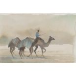 Trevor Waugh watercolour, of three camels and rider. Signed, entitled verso, "Trio". 9" x 7"