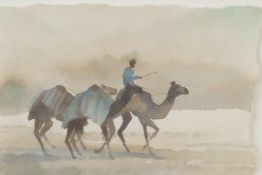 Trevor Waugh watercolour, of three camels and rider. Signed, entitled verso, "Trio". 9" x 7"