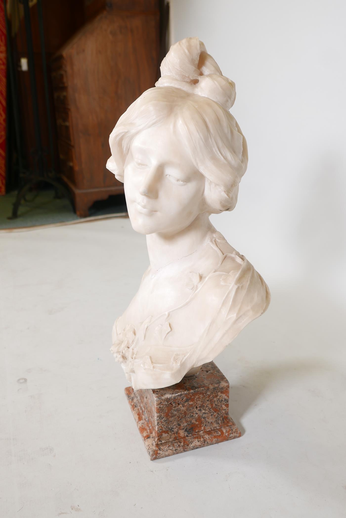 Julien Caussé, an Art Nouveau carved alabaster bust of a woman with a garland of ivy, signed Julien, - Image 5 of 7