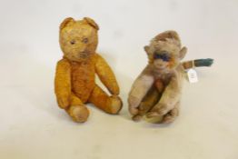 Antique hump back teddy bear, 13" long, and a Steiff "Mungo" monkey