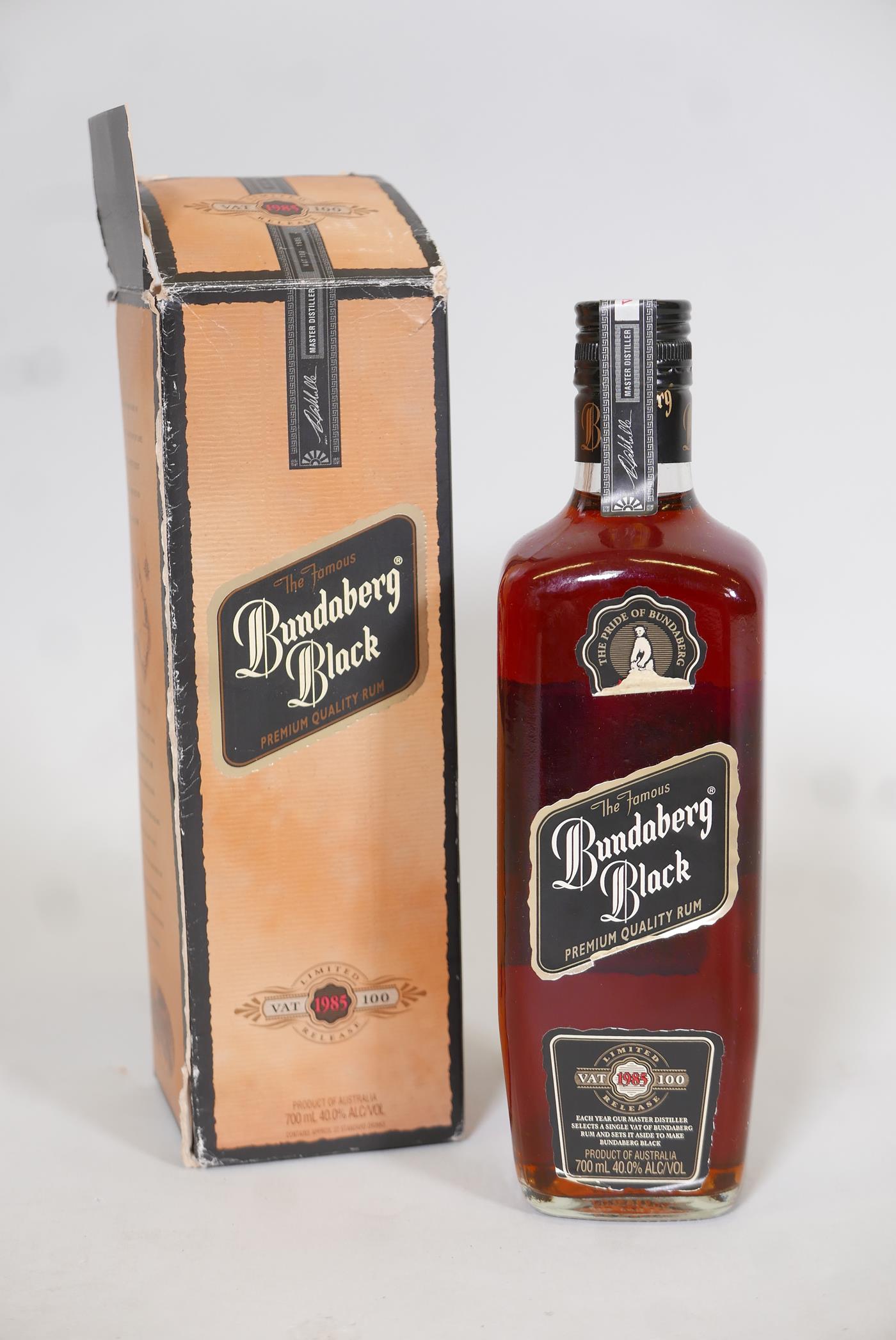 A rare bottle of Australian Bundaberg Black Rum, VAT 100, 1985, No. 070569, in original box
