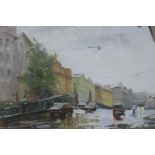 A Russian, oil on board, street scene in the rain. Signed verso, 9½" x 13½"