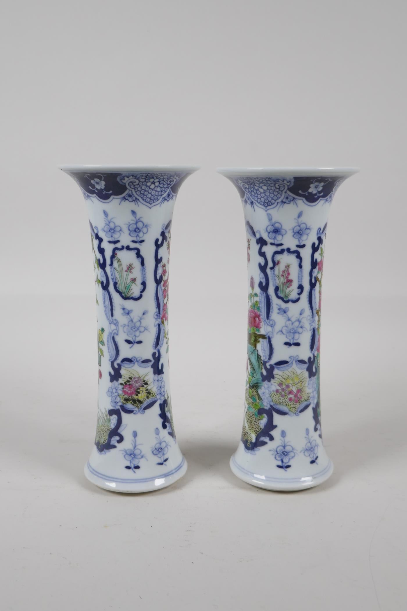 A pair of early C20th Chinese blue and white porcelain stem vases with decorative famille verte - Image 2 of 6