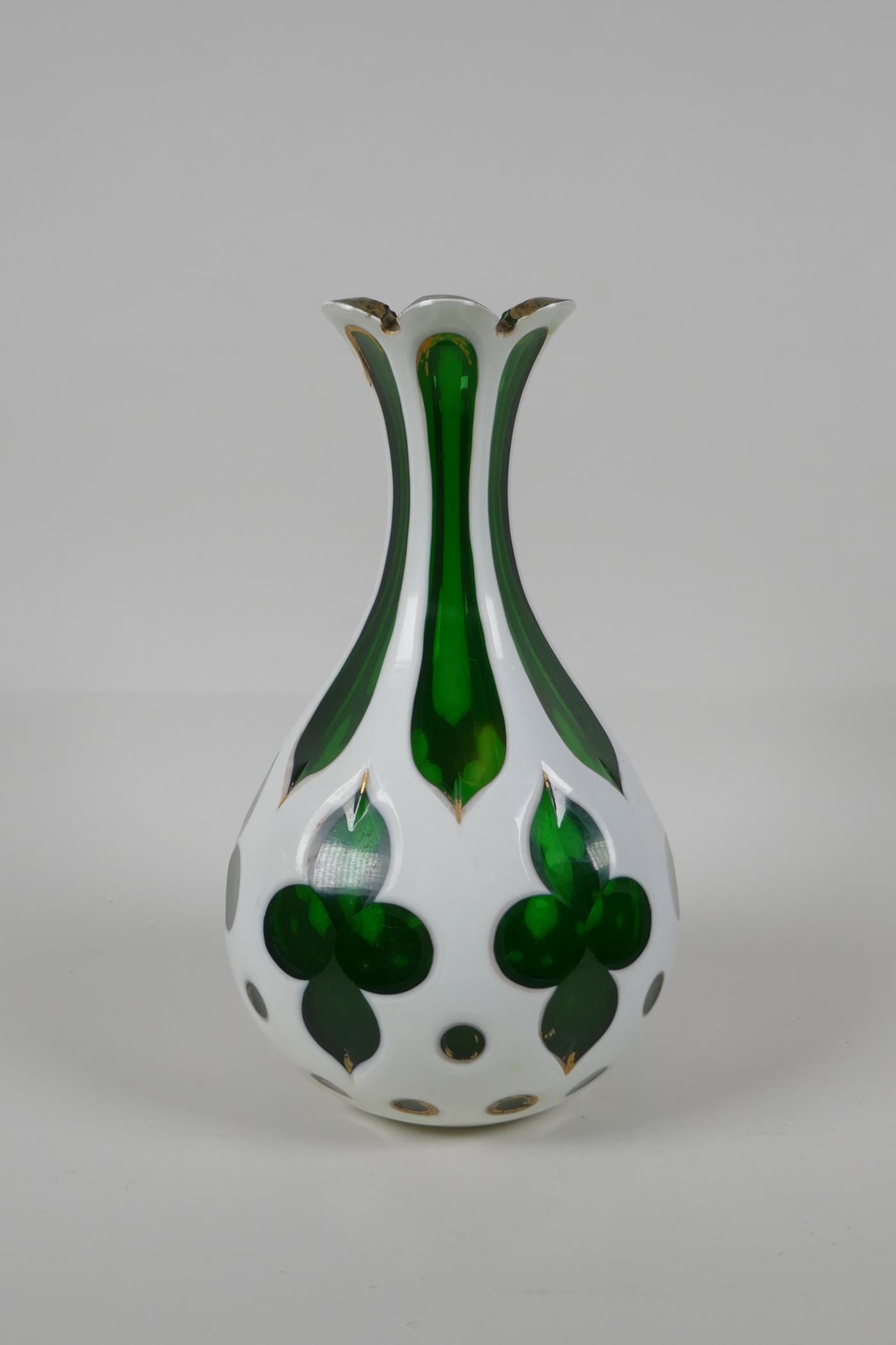 A Bohemian overlaid green glass vase with gilt details, 8½" high - Image 3 of 4