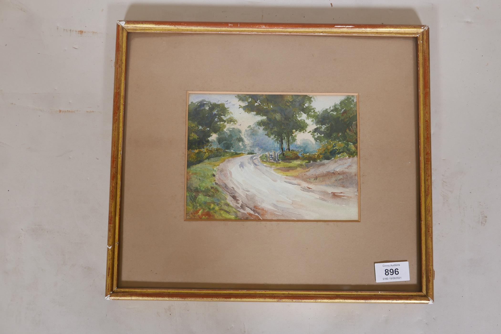 Pastoral scene with path and gate, unsigned, bears label verso Hanover Gallery, 68 Park Road, - Image 2 of 4