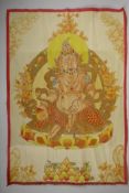 A Tibetan silk thangka depicting a wrathful deity, 17" x 25"