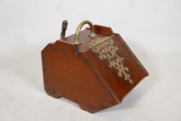 C19th mahogany coal scuttle with pierced brass mounts, handle and shovel, 13" x 22" x 16"