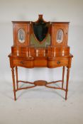 C19th Dutch shaped front satinwood dressing table with shield shaped mirror and two cupboards with