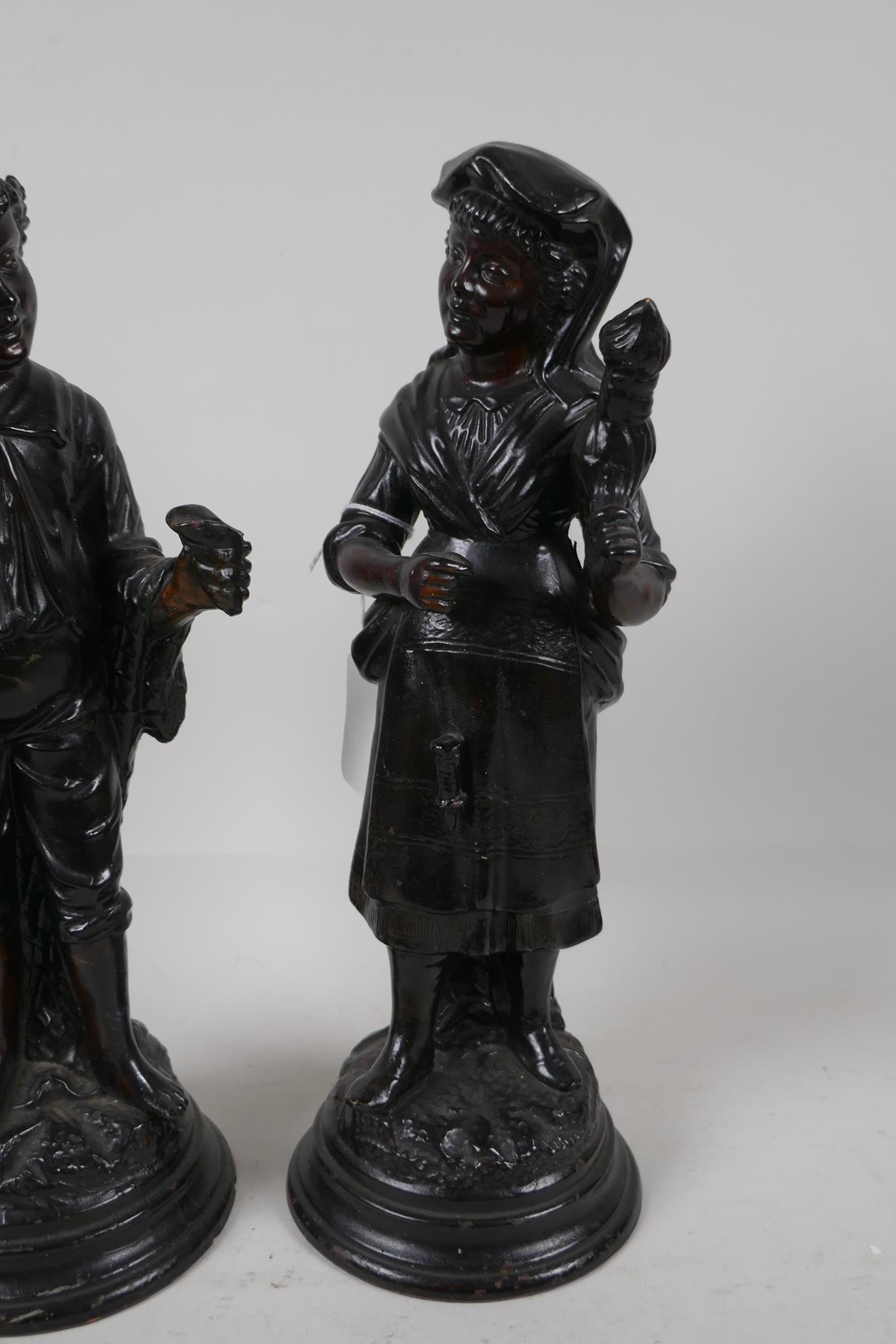 A pair of French terracotta figurines of a peasant man and woman, 13" high - Image 3 of 4