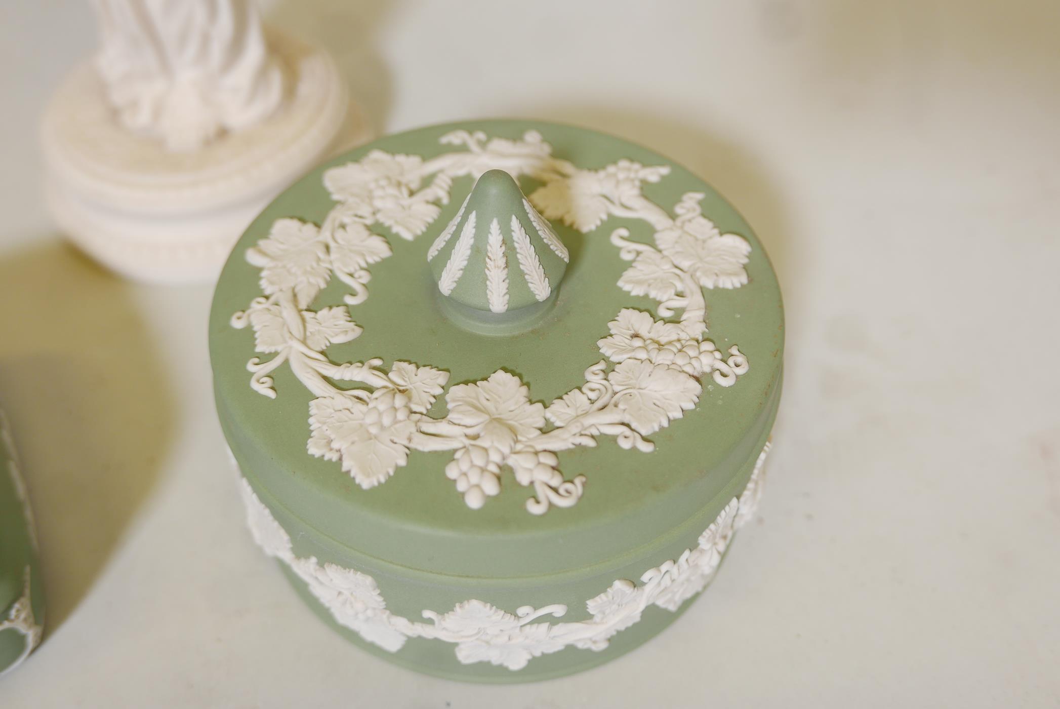 Two Wedgwood green jasperware boxes with covers and a Parian style figural vase, 12" high, a/f crack - Image 3 of 3