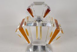 A large amber and clear glass Art Deco style perfume decanter. 9" high