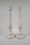 A pair of turned & painted wood pricket candlesticks, 18" high