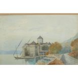 A C19th watercolour, chateau on a riverbank. 11" x 8"