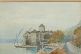 A C19th watercolour, chateau on a riverbank. 11" x 8"