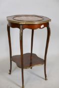 C19th French rosewood two tier gueridon, with brass mounts and inset marble top, one leg a/f, 17"
