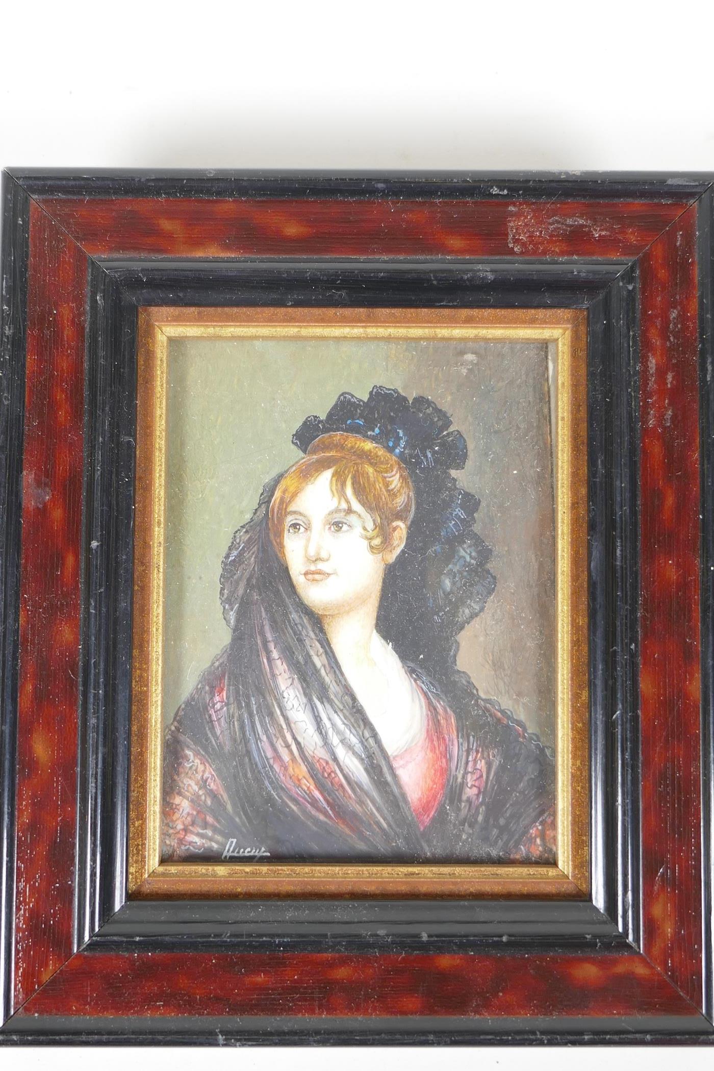 A lady in fine headdress, signed, 3½" x 4 ½" - Image 3 of 3