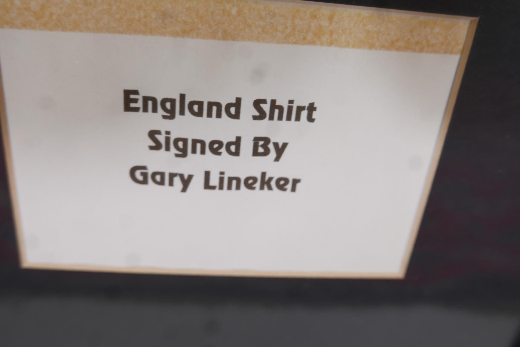 A framed 1998 England World Cup football shirt, purportedly signed by Gary Lineker. 44" x 37" - Image 4 of 4
