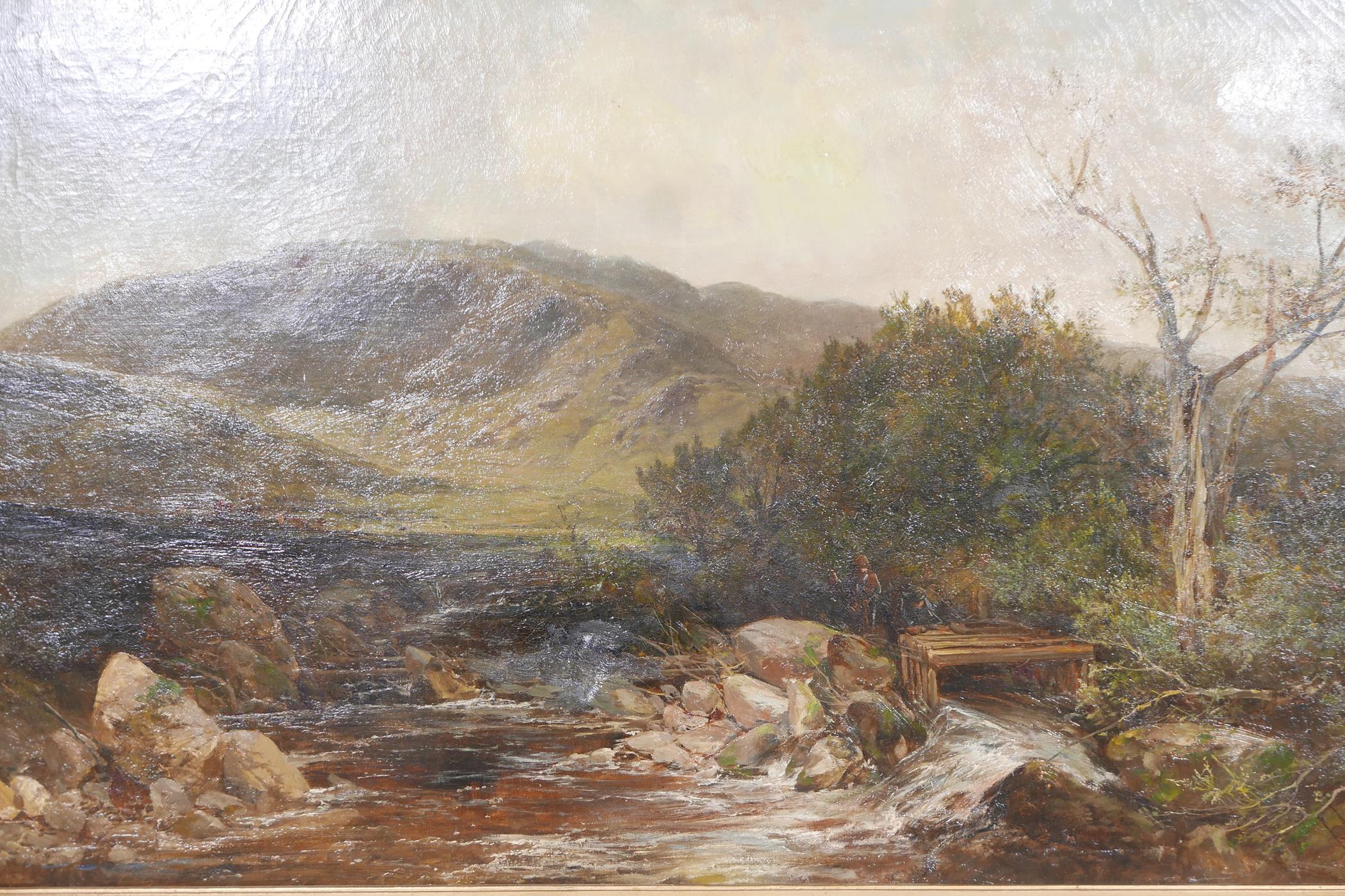 J. Adam (Scottish), Highland landscape with fishermen by a salmon trap, signed J. Adam, in a C19th - Image 2 of 8