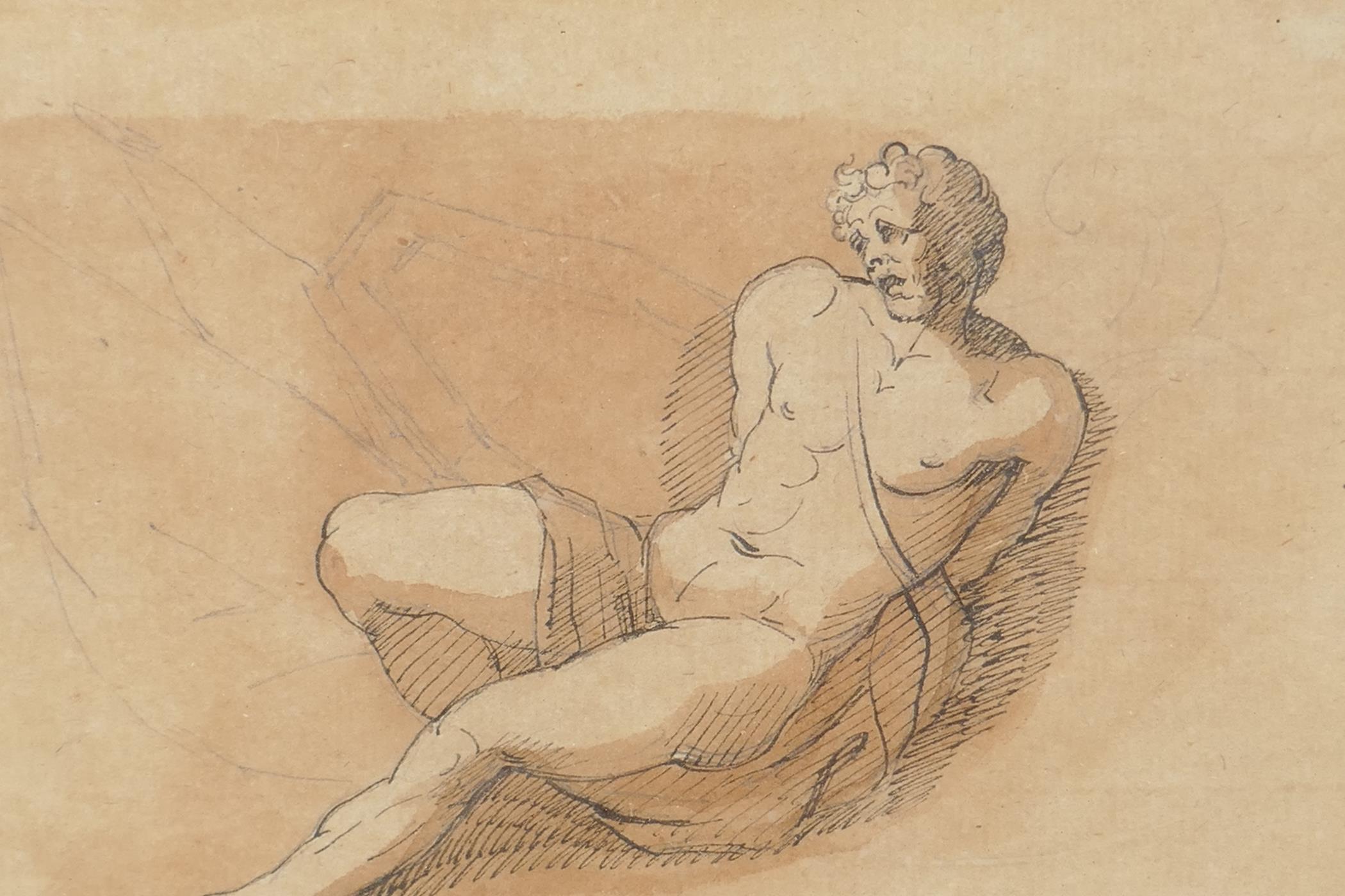 A pencil sketch of a male nude, after the antique, 8" x 5½", and a contemporary female nude by Colin - Image 2 of 3