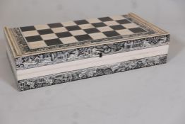 An early C19th Indian, Vizapagatan, ivory & horn inlaid games box, with chessboard top & interior