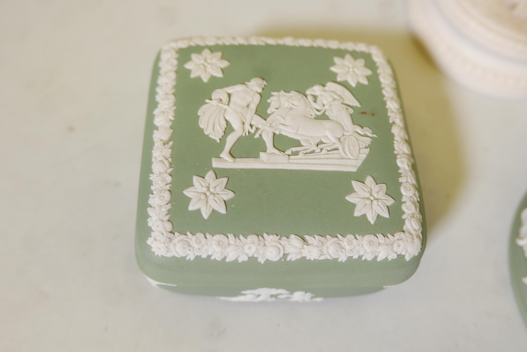 Two Wedgwood green jasperware boxes with covers and a Parian style figural vase, 12" high, a/f crack - Image 2 of 3