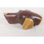 A C19th carved wood parasol handle in the form of a dog's head, with bone ears and nose. 3" long