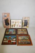 Four Indonesian reverse glass paintings, on glass depicting religious buildings. Two oriental