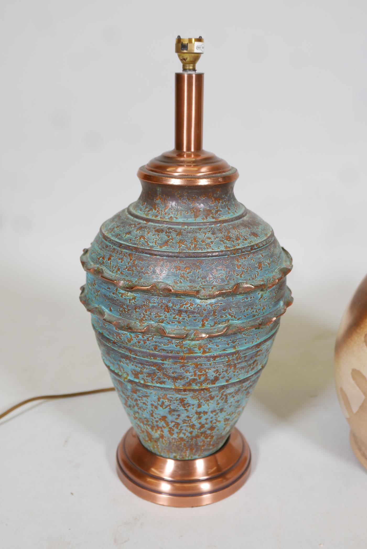 A Rye Iden pottery table lamp, 18" high, and a terracotta lamp, with bronzed glaze - Image 2 of 6